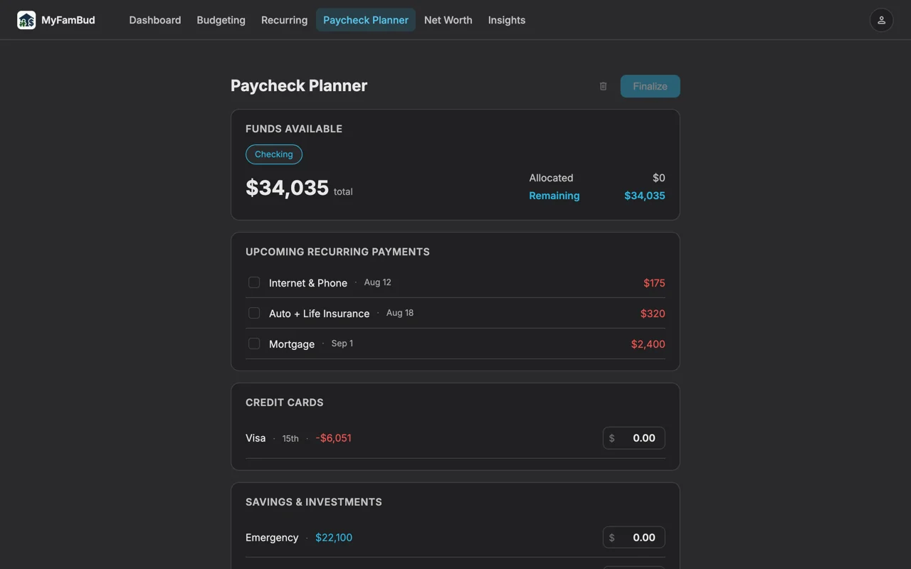 Paycheck Planner with allocations
