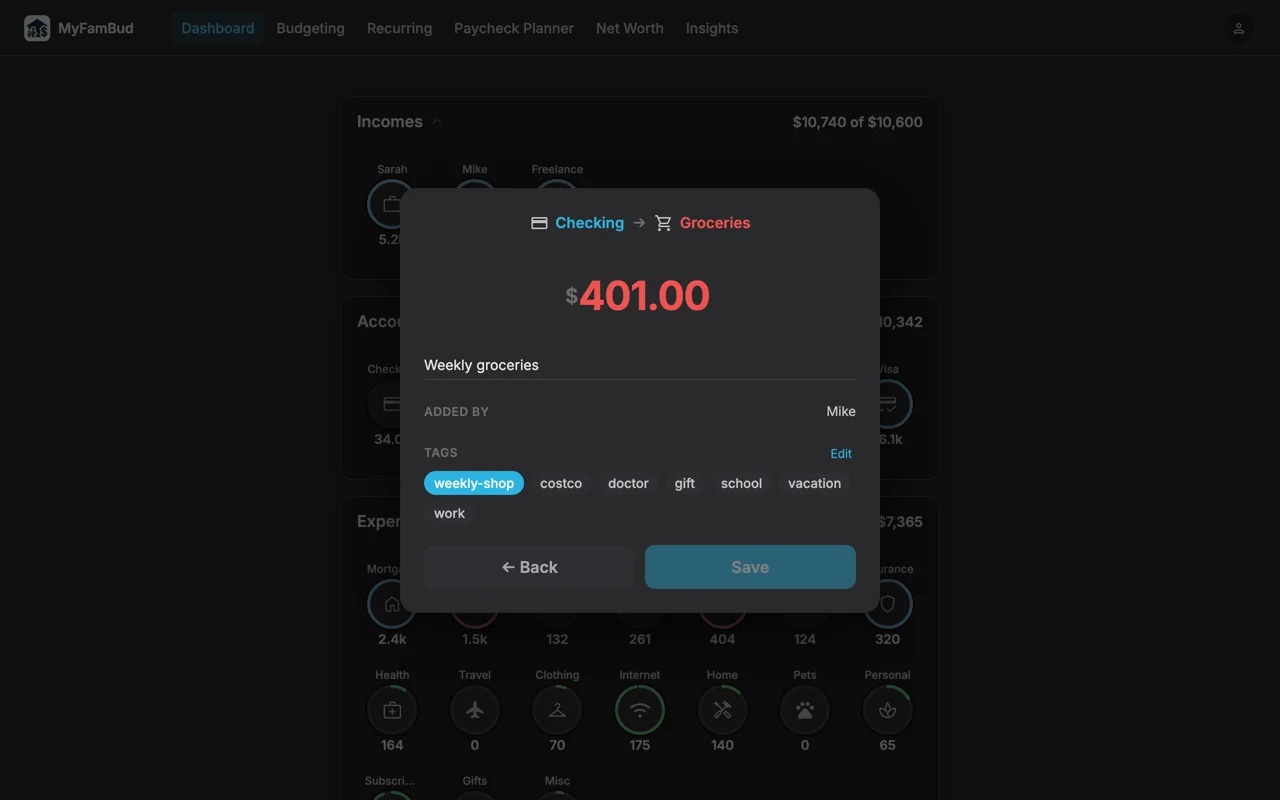 Editing a transaction with note, tags, and family-member attribution